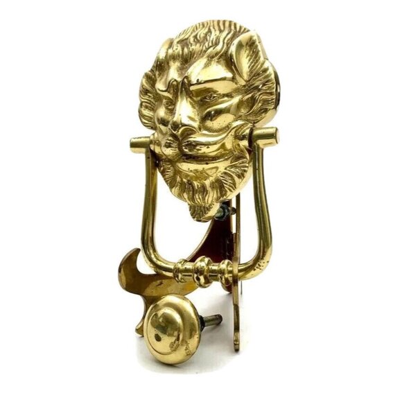 Door knocker Lion Face Design Golden Brass Two Piece Set Old Vintage Decor - Picture 2 of 5